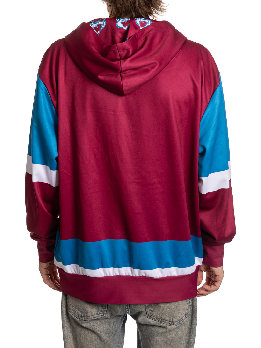 Bench Clearers Colorado Avalanche "Hockey Lace" Hockey Hoodie - back view: blue and white stripes, Avs logo hood lining