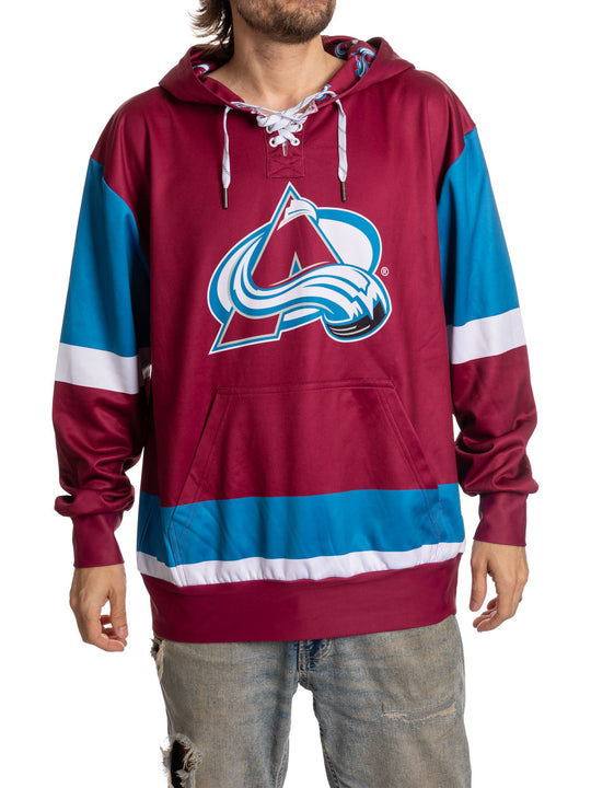Bench Clearers Colorado Avalanche "Hockey Lace" Hockey Hoodie - front view: burgundy with blue sleeves and lace-up collar