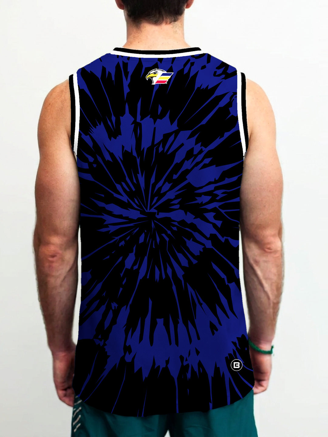Model wearing the Bench Clearers Colorado Eagles Tie-Dye Hockey Tank - back view