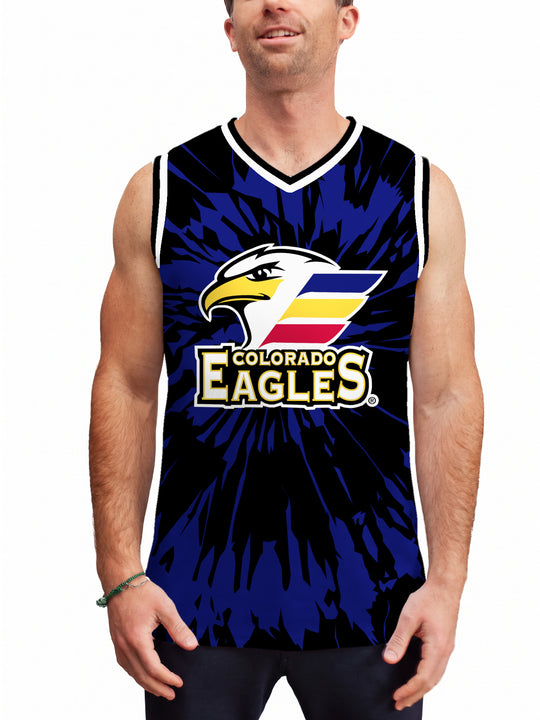 Model wearing the Bench Clearers Colorado Eagles Tie-Dye Hockey Tank - front view