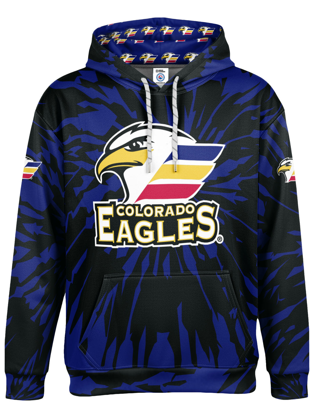 Bench Clearers Colorado Eagles Tie-Dye Youth Hockey Hoodie - 3D FRONT