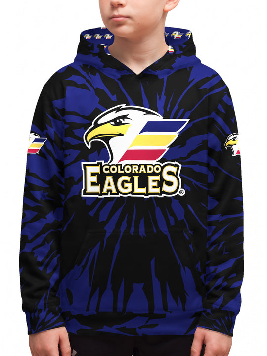 Youth model wearing the Bench Clearers Colorado Eagles Tie-Dye Youth Hockey Hoodie - front view