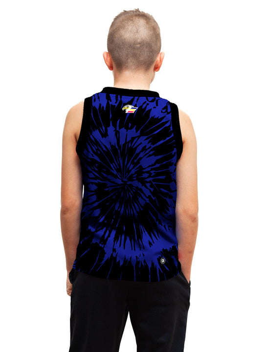 Youth model wearing the Bench Clearers Colorado Eagles Tie-Dye Youth Hockey Tank - back view