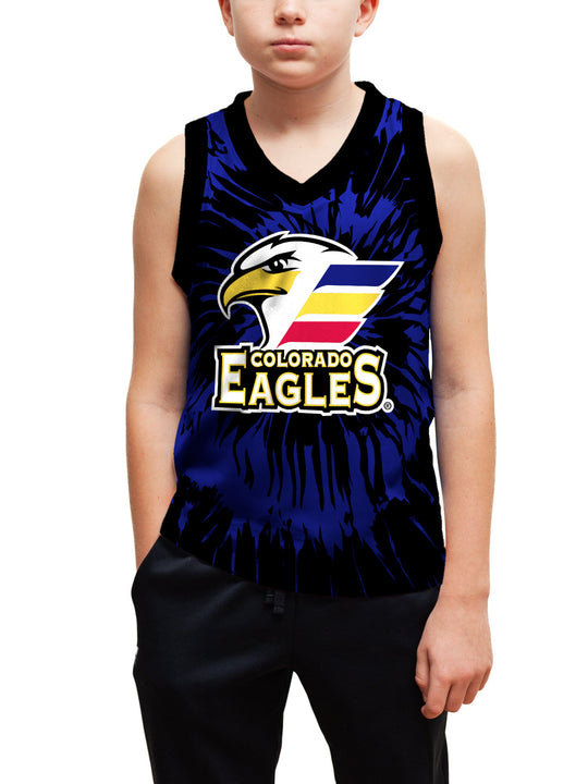 Youth model wearing the Bench Clearers Colorado Eagles Tie-Dye Youth Hockey Tank - front view, hand in pocket