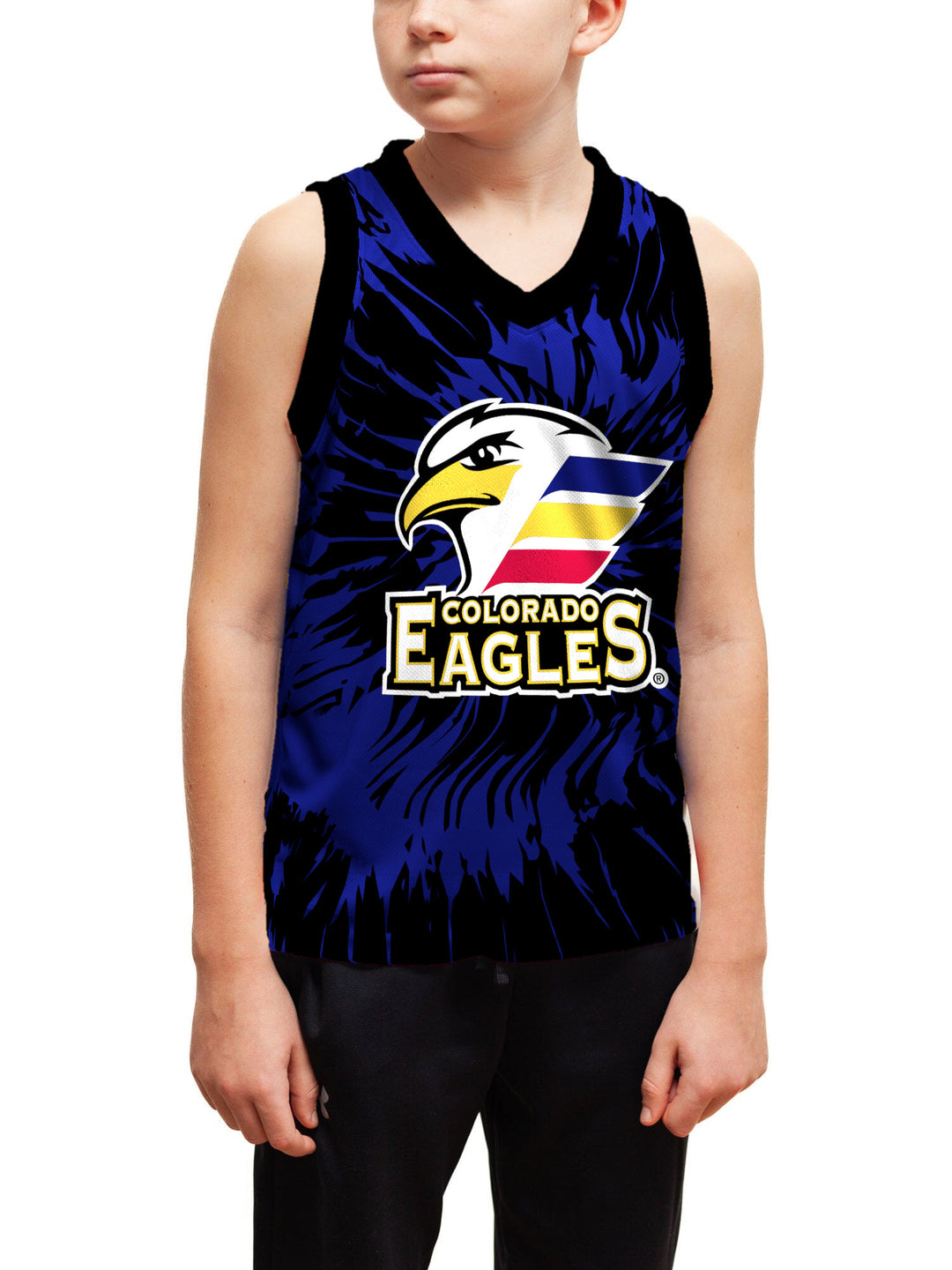 Youth model wearing the Bench Clearers Colorado Eagles Tie-Dye Youth Hockey Tank - front view
