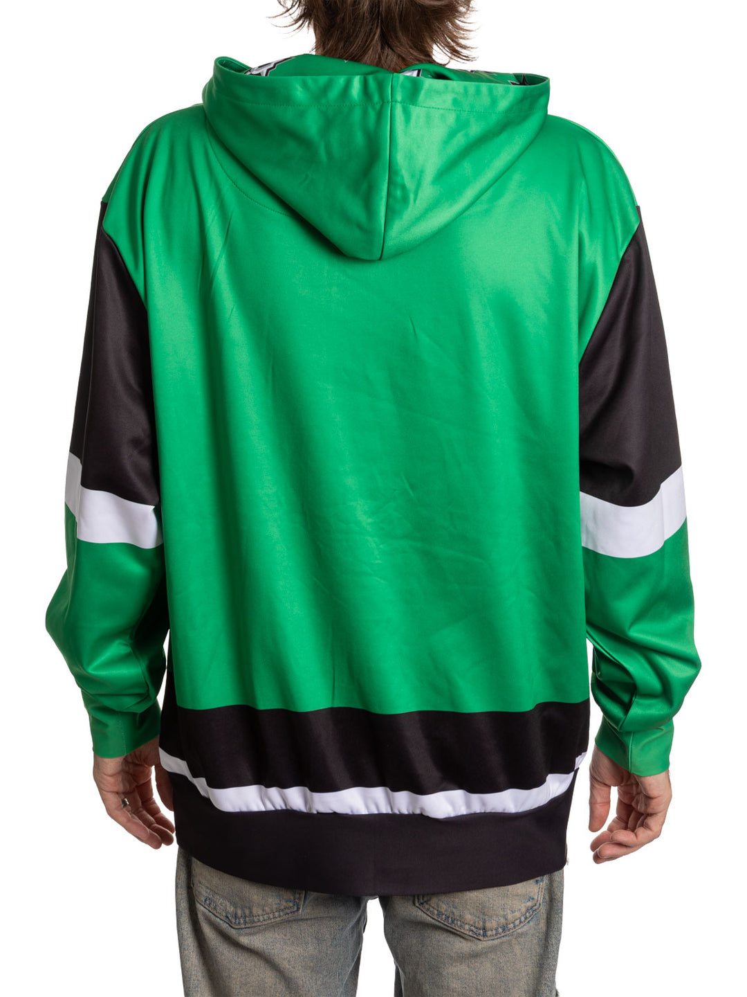 Bench Clearers Dallas Stars "Hockey Lace" Hockey Hoodie - back view: black and white stripes, Stars logo hood lining