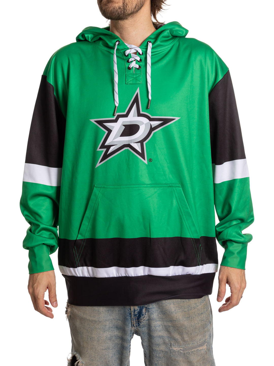Bench Clearers Dallas Stars "Hockey Lace" Hockey Hoodie - front view: Victory Green with black sleeves and lace-up collar