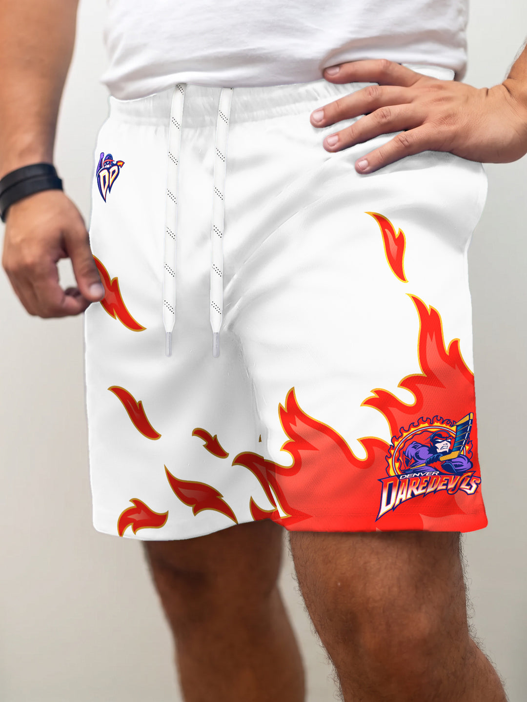 Model wearing the Bench Clearers Denver Daredevils Away Hockey Shorts - front view