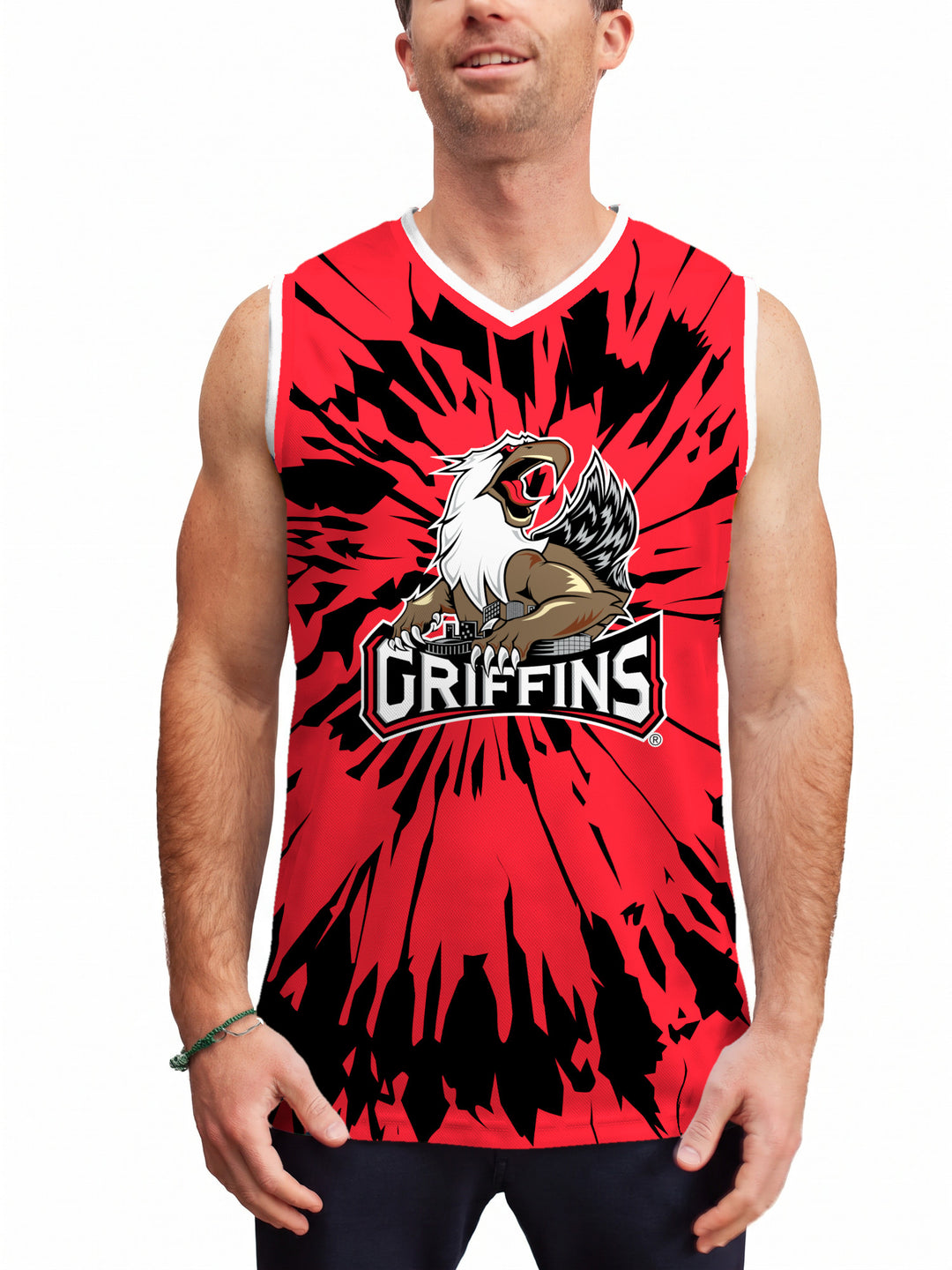 Model wearing the Bench Clearers Grand Rapids Griffins Tie-Dye Hockey Tank - front view