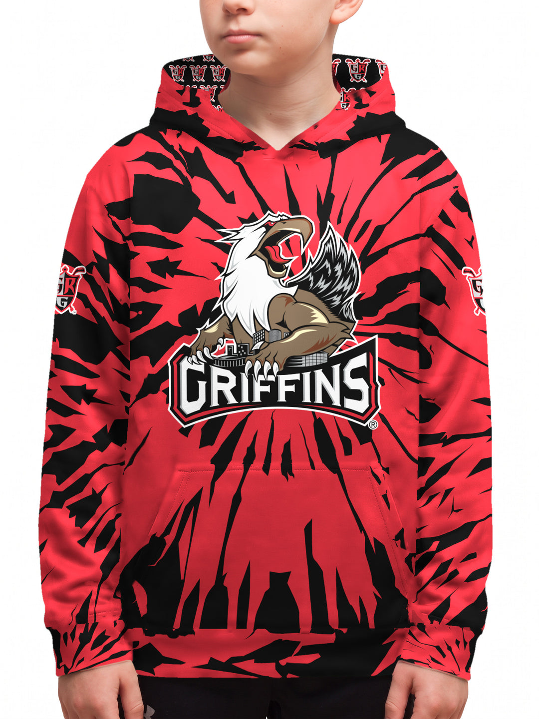 Youth model wearing the Bench Clearers Grand Rapids Griffins Tie-Dye Youth Hockey Hoodie - front view