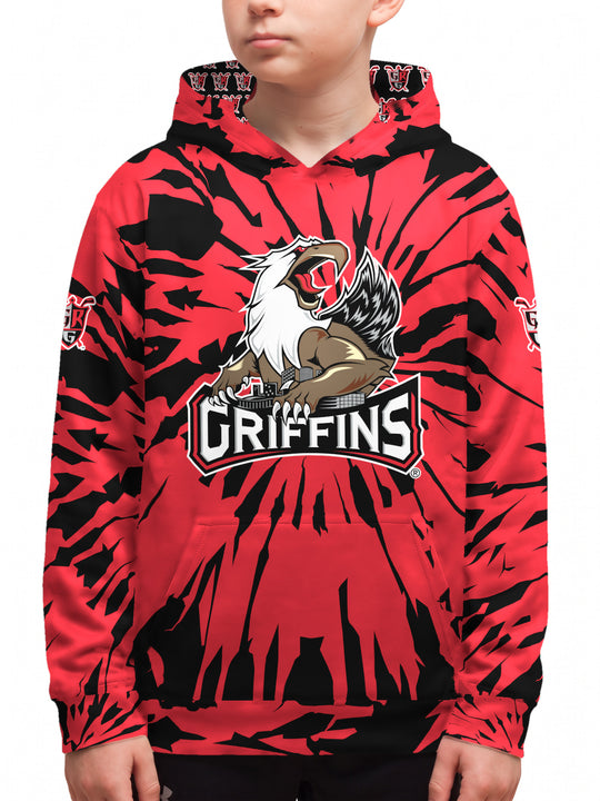 Youth model wearing the Bench Clearers Grand Rapids Griffins Tie-Dye Youth Hockey Hoodie - front view