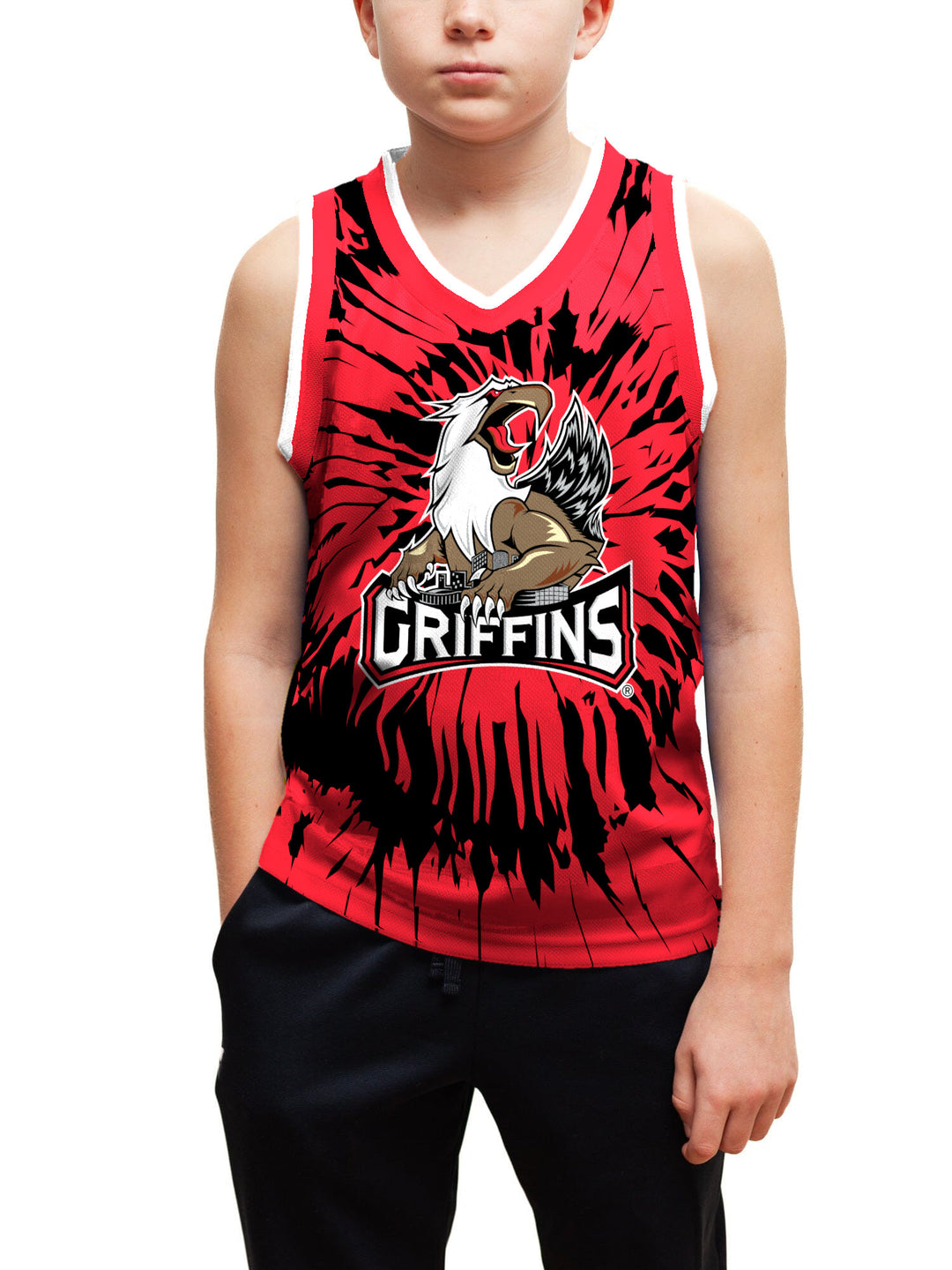 Youth model wearing the Bench Clearers Grand Rapids Griffins Tie-Dye Youth Hockey Tank - front view, hand in pocket