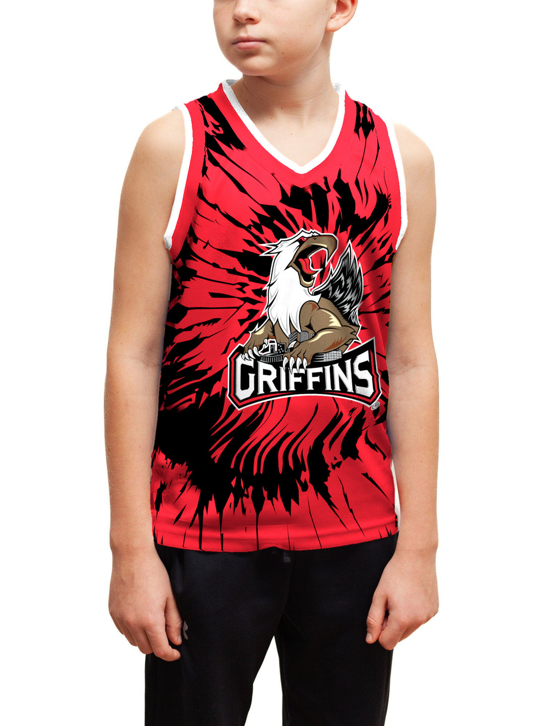Youth model wearing the Bench Clearers Grand Rapids Griffins Tie-Dye Youth Hockey Tank - front view