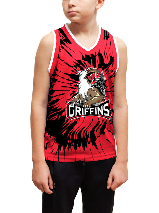 Youth model wearing the Bench Clearers Grand Rapids Griffins Tie-Dye Youth Hockey Tank - front view