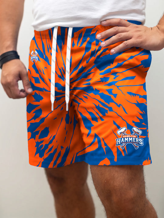 Model wearing the Bench Clearers Hamilton Hammers Tie-Dye Hockey Shorts - front view