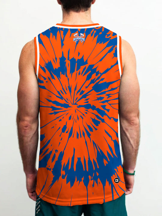 Model wearing the Bench Clearers Hamilton Hammers Tie-Dye Hockey Tank - back view