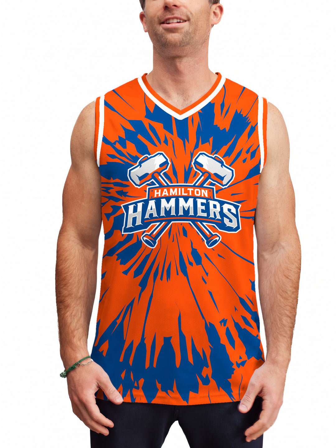 Model wearing the Bench Clearers Hamilton Hammers Tie-Dye Hockey Tank - front view