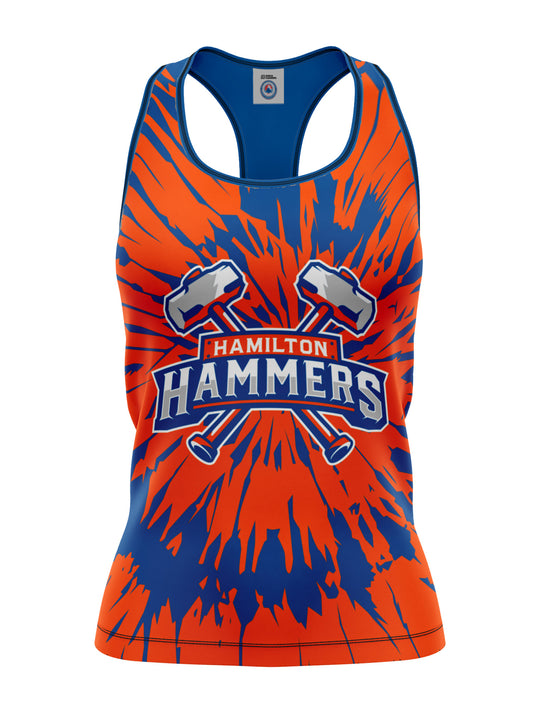 Bench Clearers Hamilton Hammers Tie-Dye Women's Racerback Hockey Tank - 3D FRONT