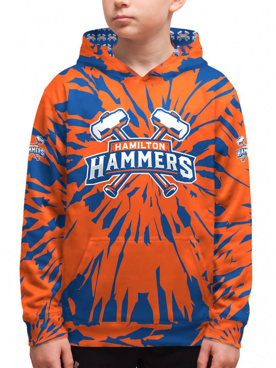 Youth model wearing the Bench Clearers Hamilton Hammers Tie-Dye Youth Hockey Hoodie - front view
