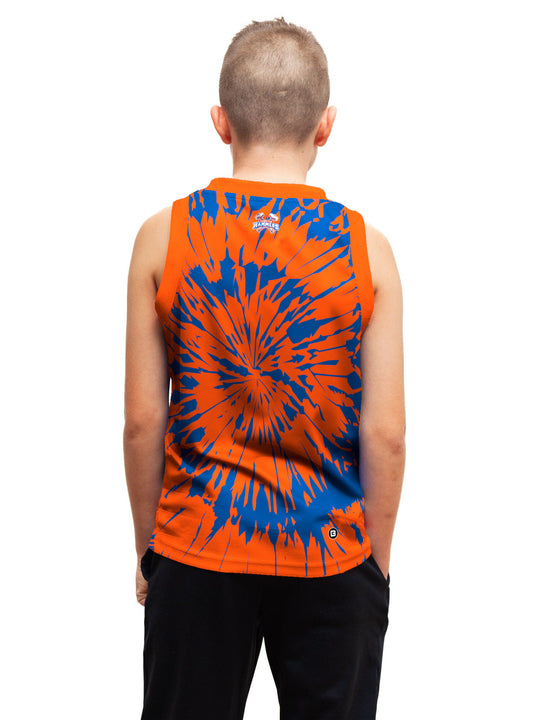Youth model wearing the Bench Clearers Hamilton Hammers Tie-Dye Youth Hockey Tank - back view