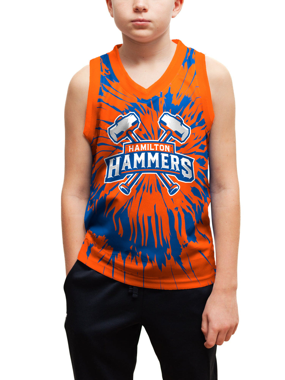 Youth model wearing the Bench Clearers Hamilton Hammers Tie-Dye Youth Hockey Tank - front view, hand in pocket