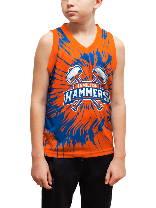 Youth model wearing the Bench Clearers Hamilton Hammers Tie-Dye Youth Hockey Tank - front view