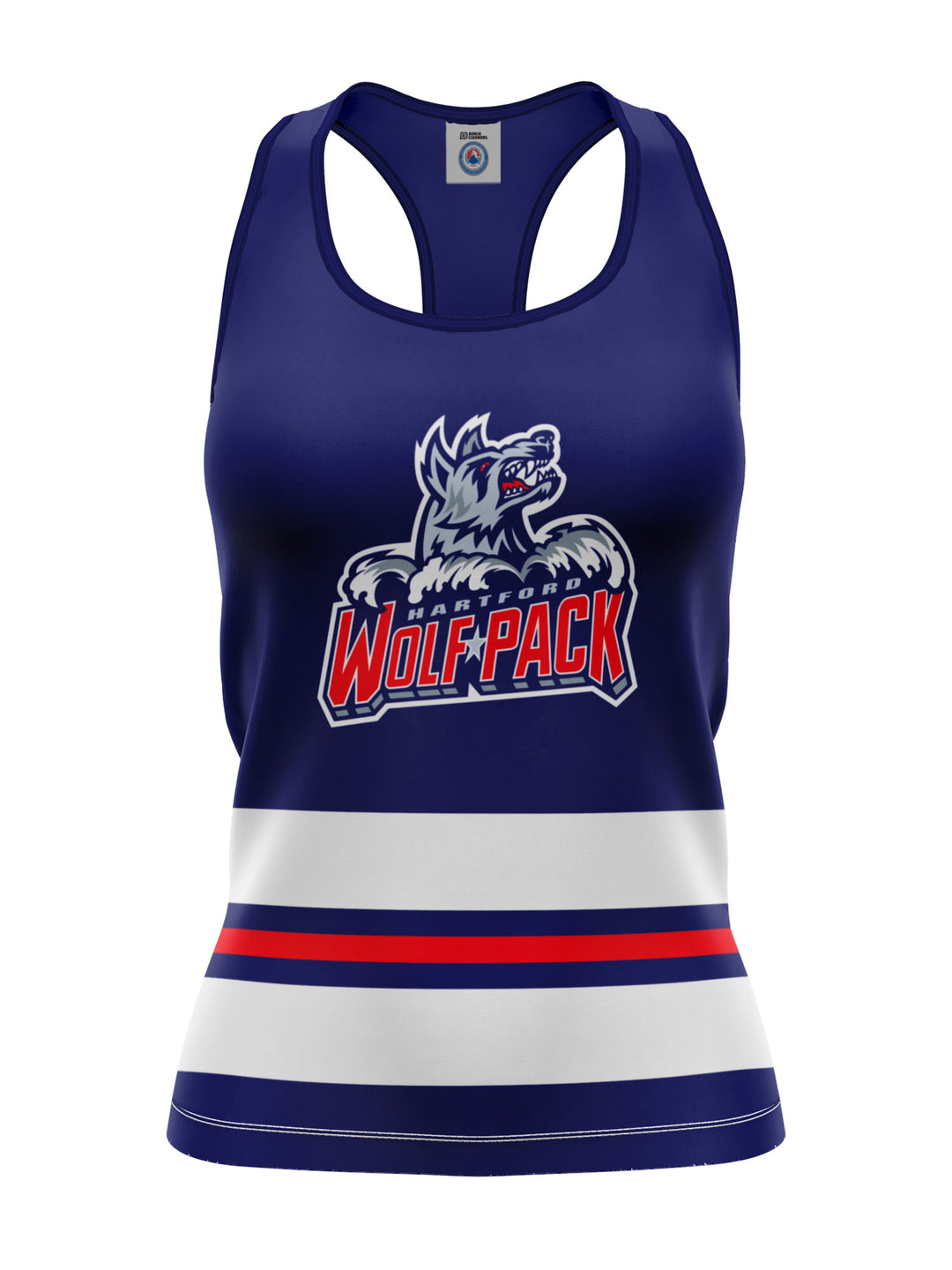 Hartford Wolf Pack Blue Alternate Women's Racerback Hockey Tank - FRONT | BenchClearers Hockey Apparel