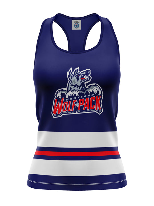 Hartford Wolf Pack Blue Alternate Women's Racerback Hockey Tank - FRONT | BenchClearers Hockey Apparel