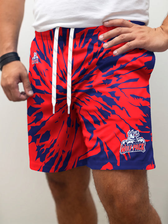 Model wearing the Bench Clearers Hartford Wolf Pack Tie-Dye Hockey Shorts - front view