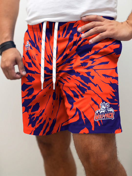 Model wearing the Bench Clearers Hartford Wolf Pack Tie-Dye Hockey Shorts - front view