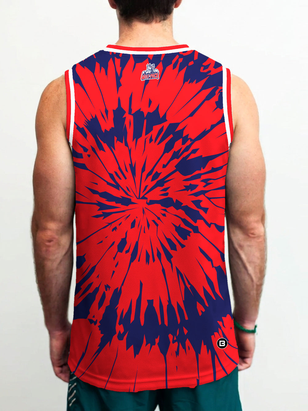 Model wearing the Bench Clearers Hartford Wolf Pack Tie-Dye Hockey Tank - back view