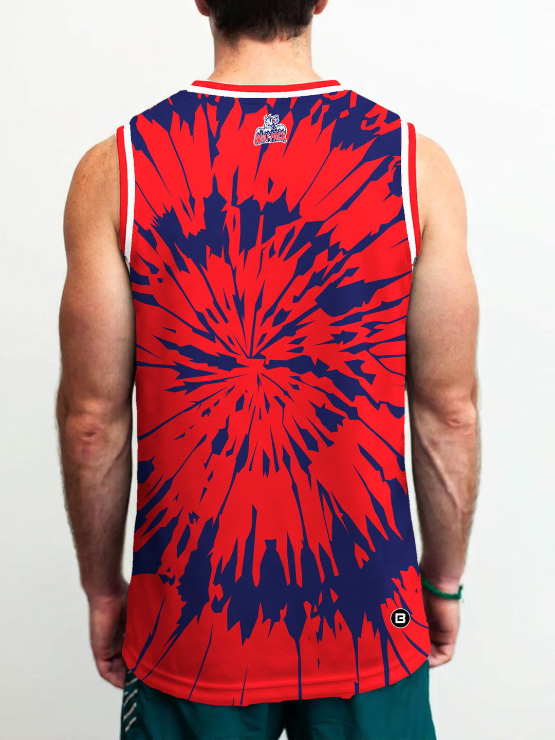 Model wearing the Bench Clearers Hartford Wolf Pack Tie-Dye Hockey Tank - back view