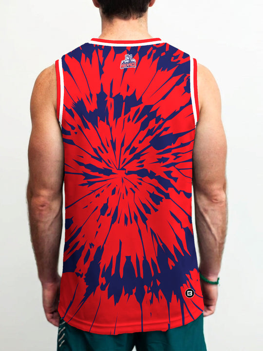 Model wearing the Bench Clearers Hartford Wolf Pack Tie-Dye Hockey Tank - back view
