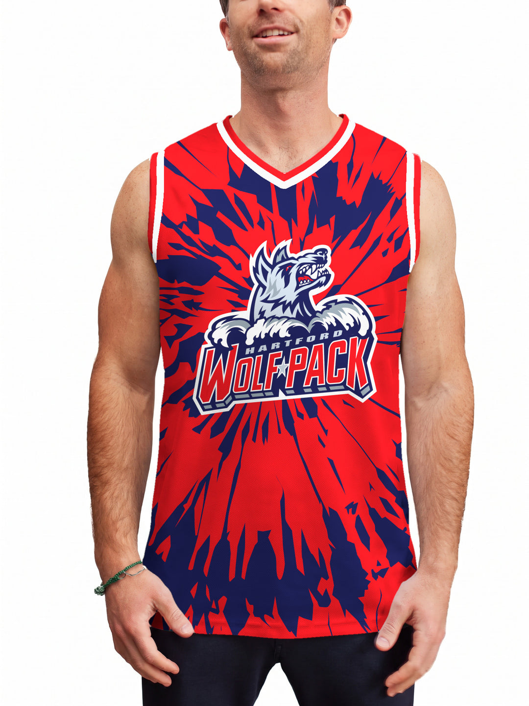 Model wearing the Bench Clearers Hartford Wolf Pack Tie-Dye Hockey Tank - front view