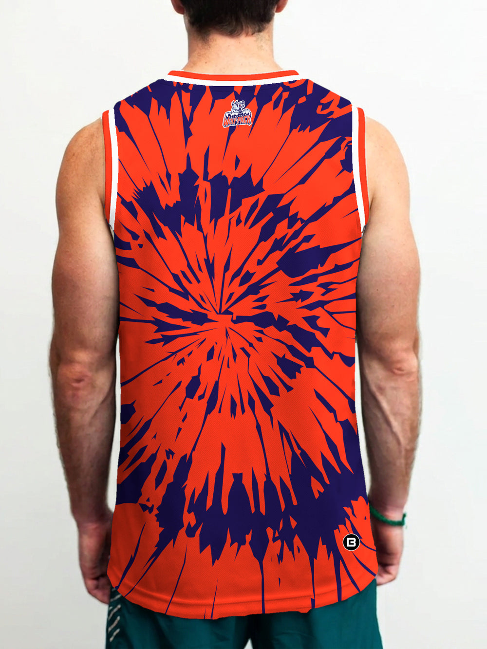 Model wearing the Bench Clearers Hartford Wolf Pack Tie-Dye Hockey Tank - back view