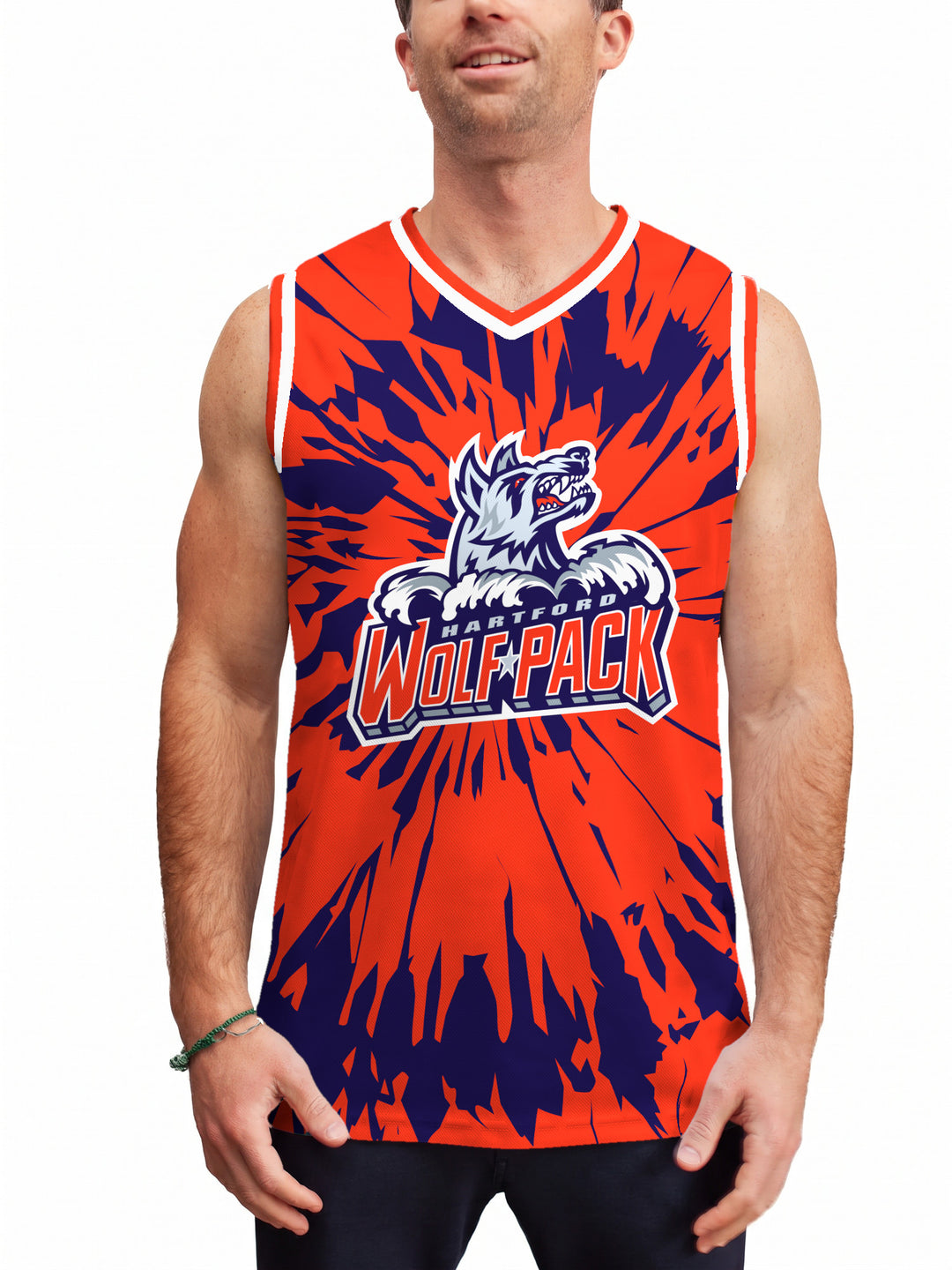 Model wearing the Bench Clearers Hartford Wolf Pack Tie-Dye Hockey Tank - front view