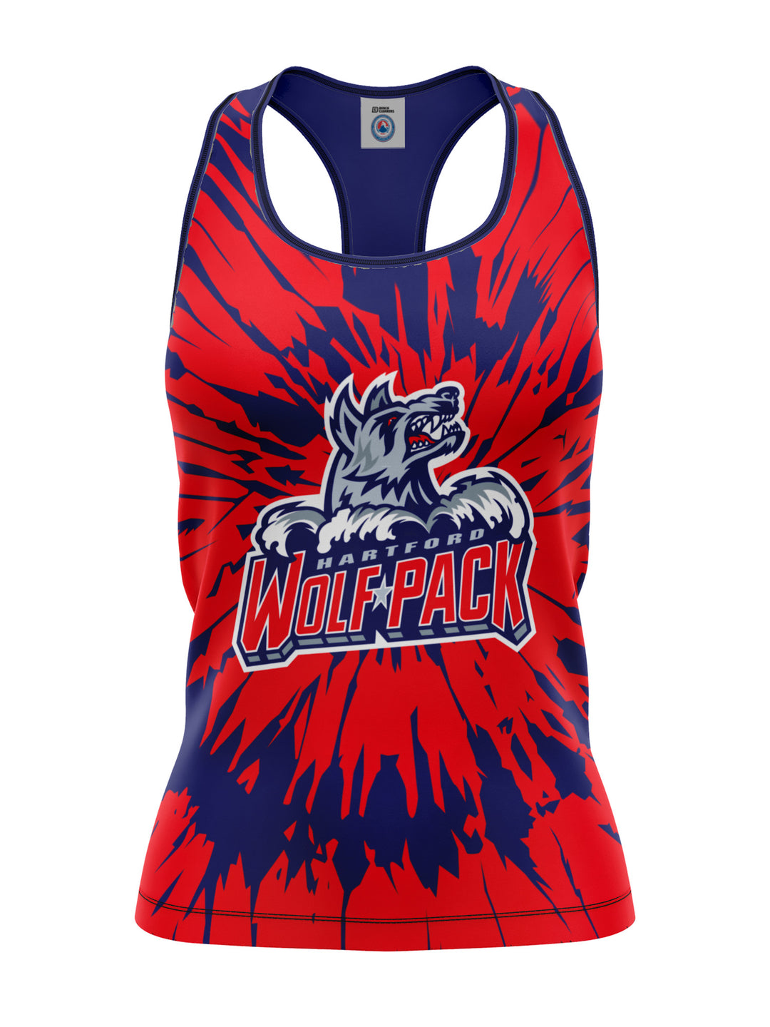Bench Clearers Hartford Wolf Pack Tie-Dye Women's Racerback Hockey Tank - 3D FRONT