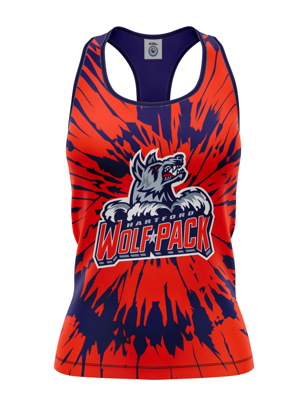 Bench Clearers Hartford Wolf Pack Tie-Dye Women's Racerback Hockey Tank - 3D FRONT