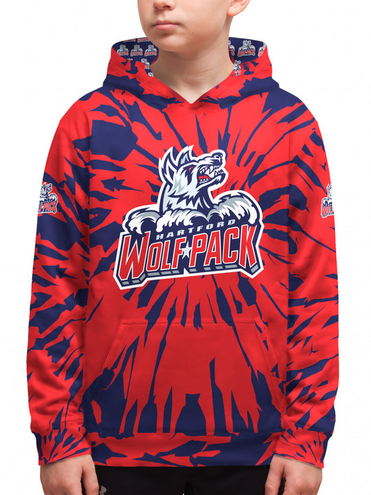 Youth model wearing the Bench Clearers Hartford Wolf Pack Tie-Dye Youth Hockey Hoodie - front view