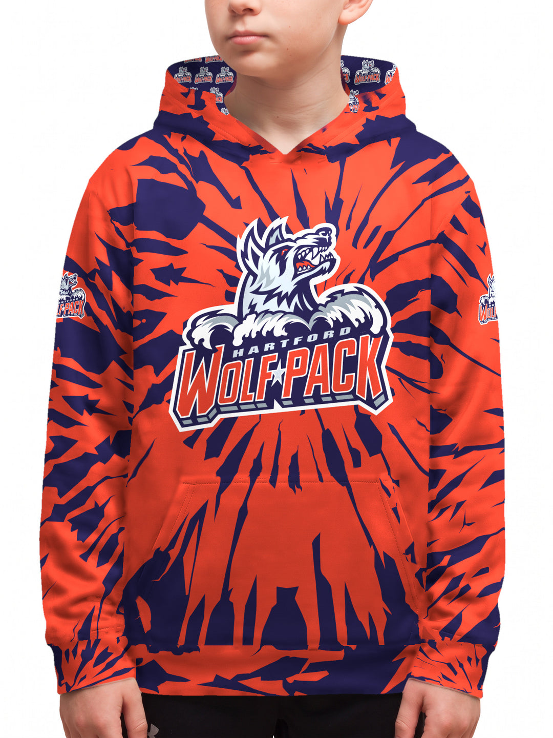 Youth model wearing the Bench Clearers Hartford Wolf Pack Tie-Dye Youth Hockey Hoodie - front view