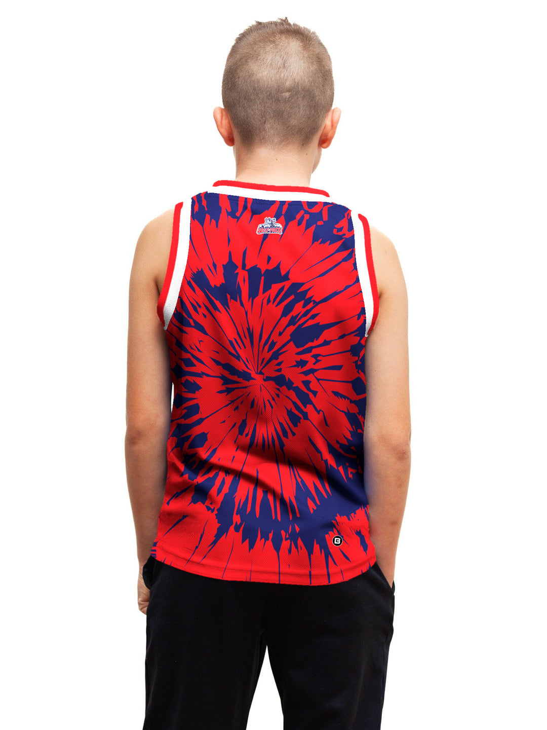 Youth model wearing the Bench Clearers Hartford Wolf Pack Tie-Dye Youth Hockey Tank - back view