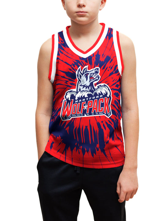 Youth model wearing the Bench Clearers Hartford Wolf Pack Tie-Dye Youth Hockey Tank - front view, hand in pocket
