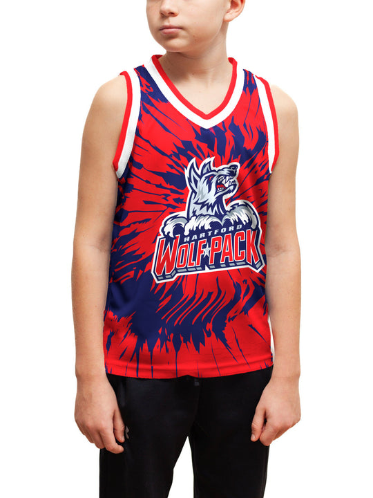 Youth model wearing the Bench Clearers Hartford Wolf Pack Tie-Dye Youth Hockey Tank - front view