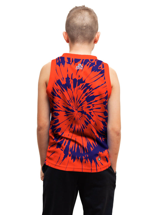 Youth model wearing the Bench Clearers Hartford Wolf Pack Tie-Dye Youth Hockey Tank - back view