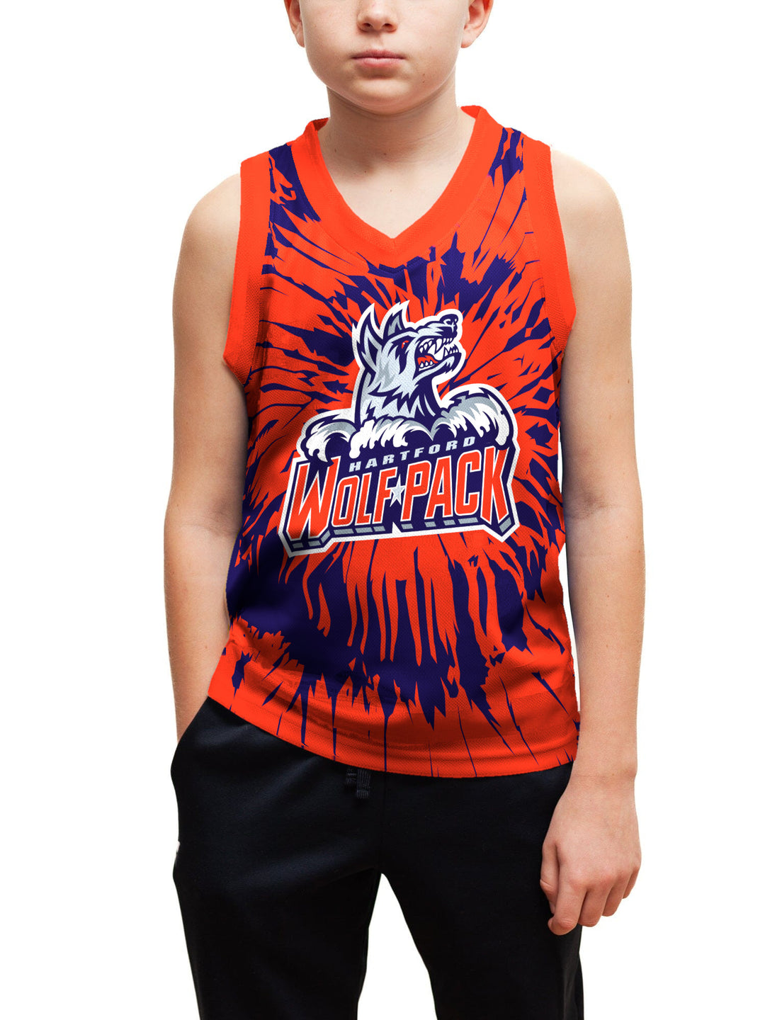 Youth model wearing the Bench Clearers Hartford Wolf Pack Tie-Dye Youth Hockey Tank - front view, hand in pocket