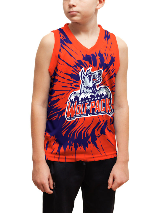 Youth model wearing the Bench Clearers Hartford Wolf Pack Tie-Dye Youth Hockey Tank - front view