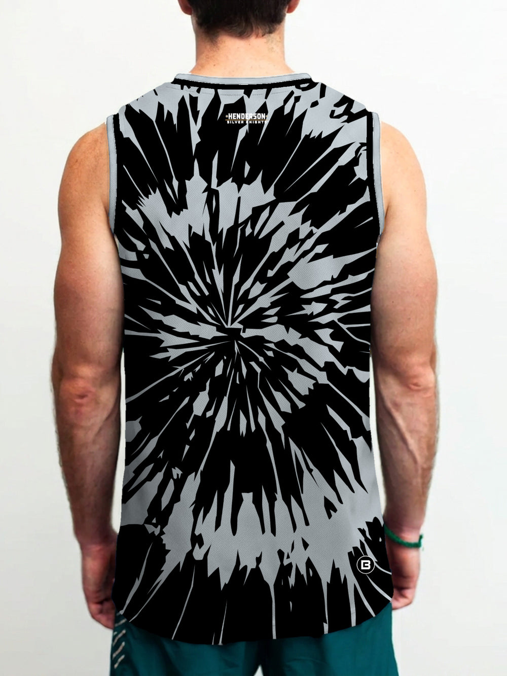Model wearing the Bench Clearers Henderson Silver Knights Tie-Dye Hockey Tank - back view