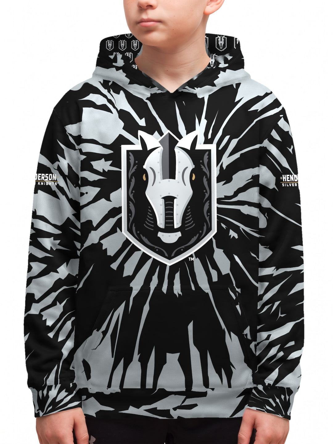 Youth model wearing the Bench Clearers Henderson Silver Knights Tie-Dye Youth Hockey Hoodie - front view