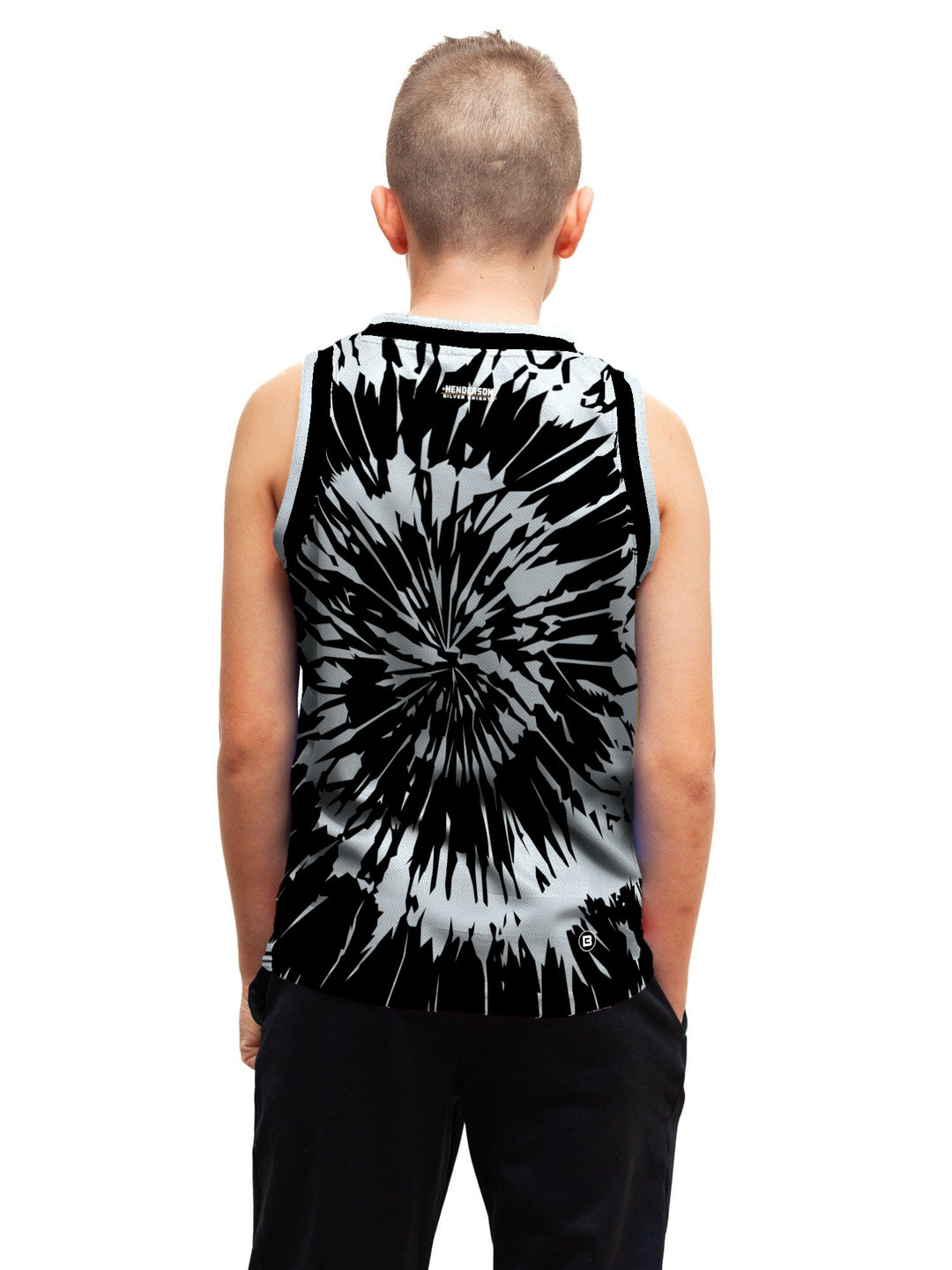 Youth model wearing the Bench Clearers Henderson Silver Knights Tie-Dye Youth Hockey Tank - back view