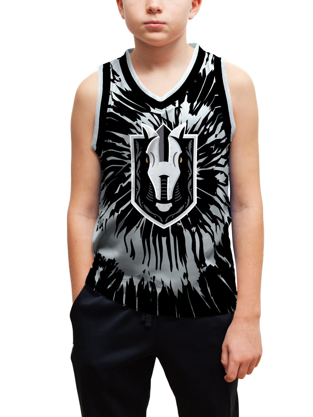 Youth model wearing the Bench Clearers Henderson Silver Knights Tie-Dye Youth Hockey Tank - front view, hand in pocket